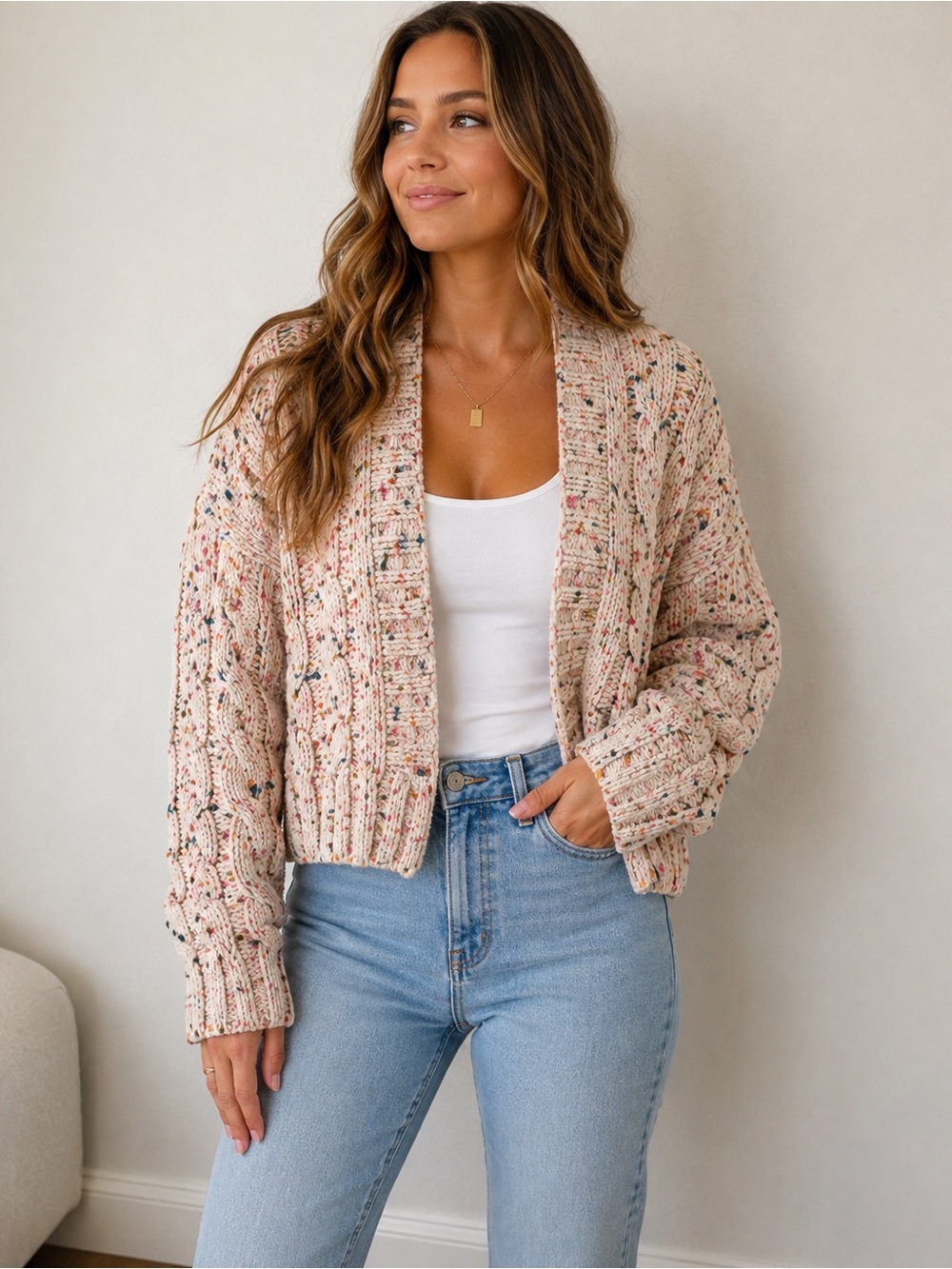 Moon & Madison confetti Pink Speckled cable Knit Cardigan sweater chunky Medium